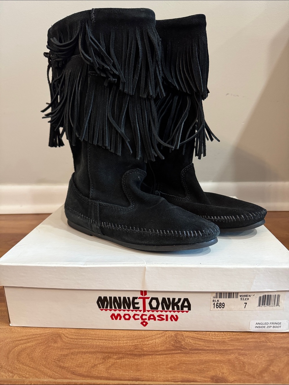 Minnetonka Black Suede Fringe Mid-Calf Moccasin Boots